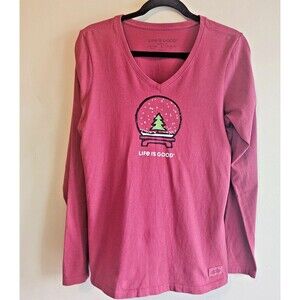 Life Is Good Women's 100% Cotton V-Neck Christmas snow globe Sz S